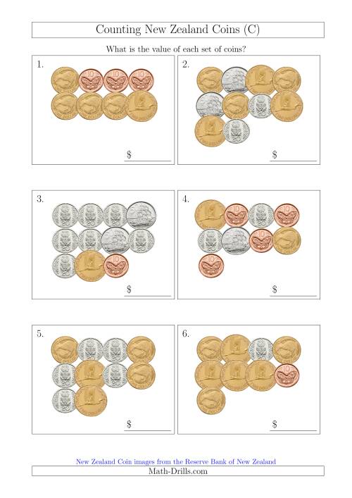 The Counting New Zealand Coins (C) Math Worksheet