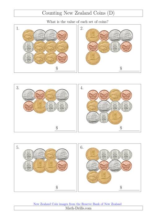 The Counting New Zealand Coins (D) Math Worksheet