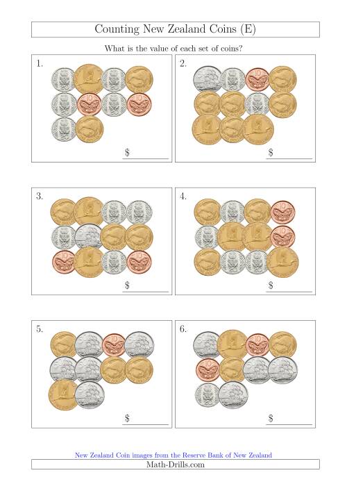 The Counting New Zealand Coins (E) Math Worksheet