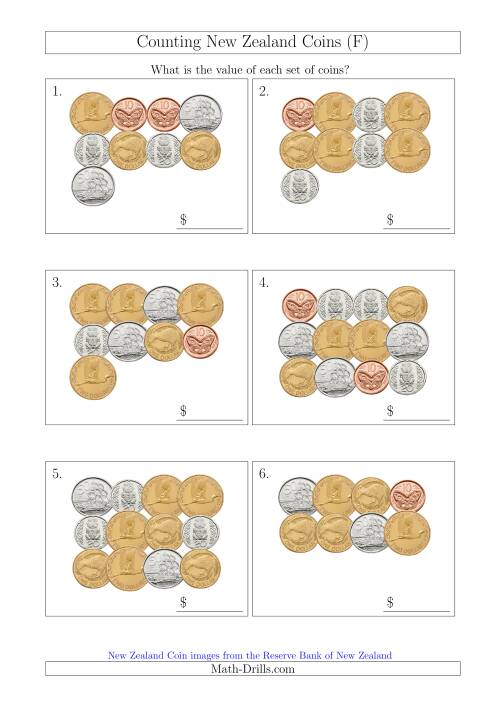 The Counting New Zealand Coins (F) Math Worksheet