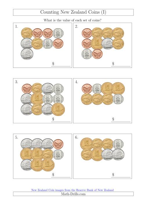 The Counting New Zealand Coins (I) Math Worksheet