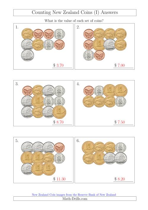 The Counting New Zealand Coins (I) Math Worksheet Page 2