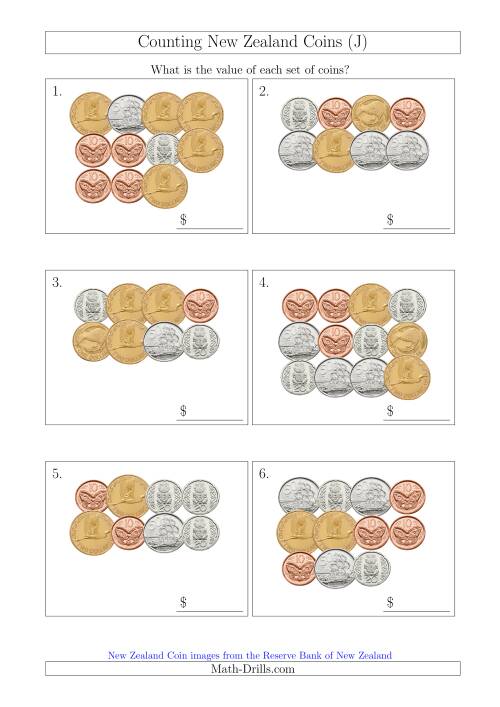 The Counting New Zealand Coins (J) Math Worksheet