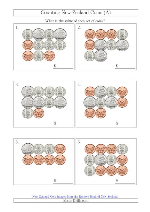 The Counting New Zealand Coins (No Dollars) (A) Math Worksheet