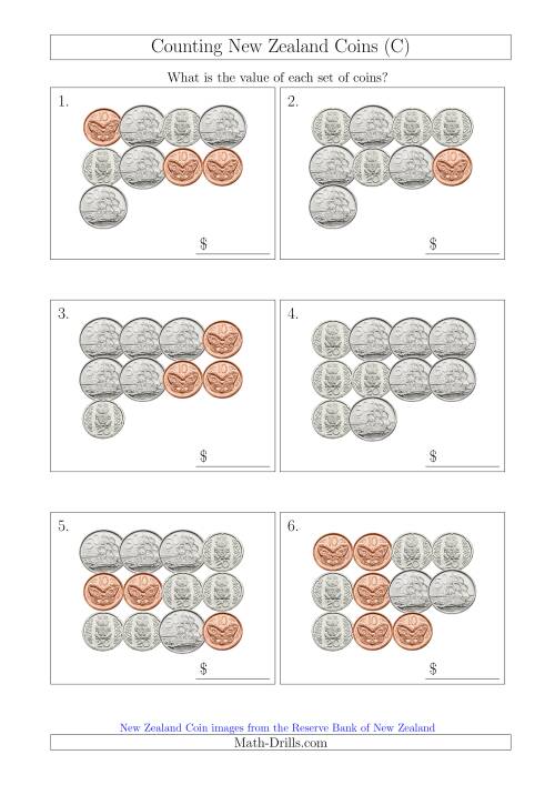 The Counting New Zealand Coins (No Dollars) (C) Math Worksheet