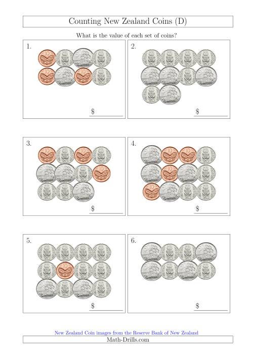 The Counting New Zealand Coins (No Dollars) (D) Math Worksheet