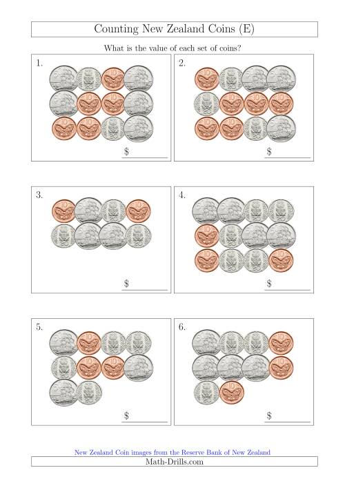 The Counting New Zealand Coins (No Dollars) (E) Math Worksheet