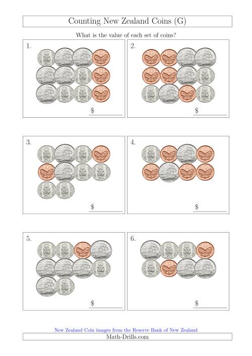 The Counting New Zealand Coins (No Dollars) (G) Math Worksheet