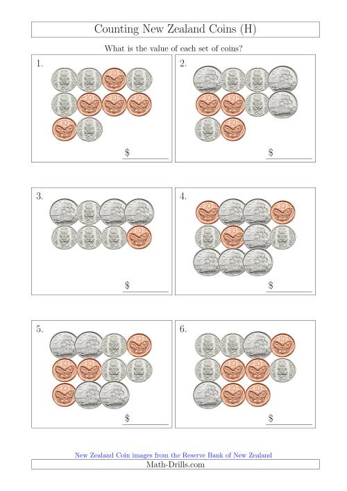 The Counting New Zealand Coins (No Dollars) (H) Math Worksheet