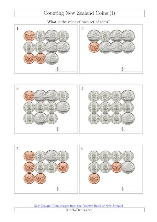The Counting New Zealand Coins (No Dollars) (I) Math Worksheet