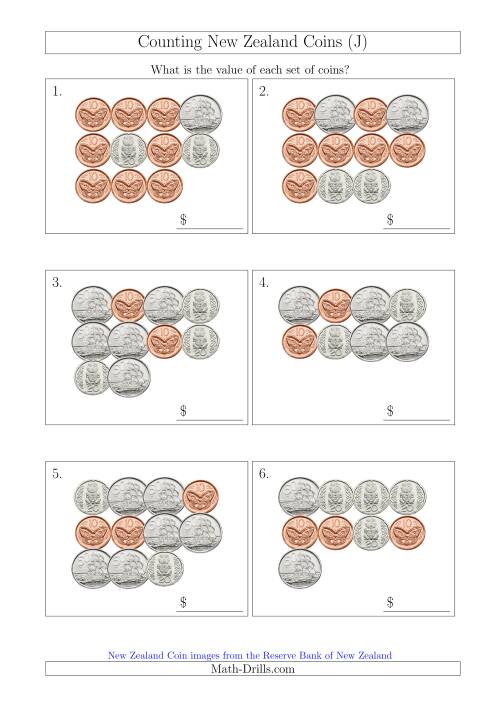 The Counting New Zealand Coins (No Dollars) (J) Math Worksheet