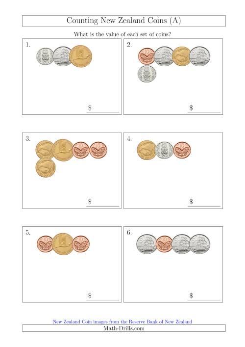 The Counting Small Collections of New Zealand Coins (A) Math Worksheet