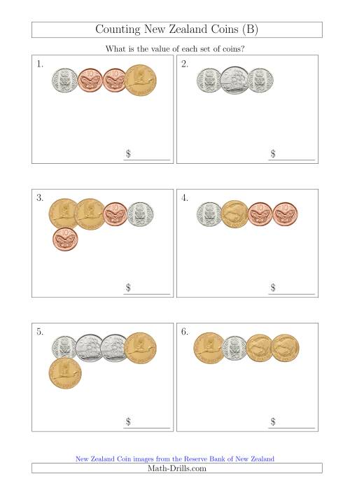The Counting Small Collections of New Zealand Coins (B) Math Worksheet