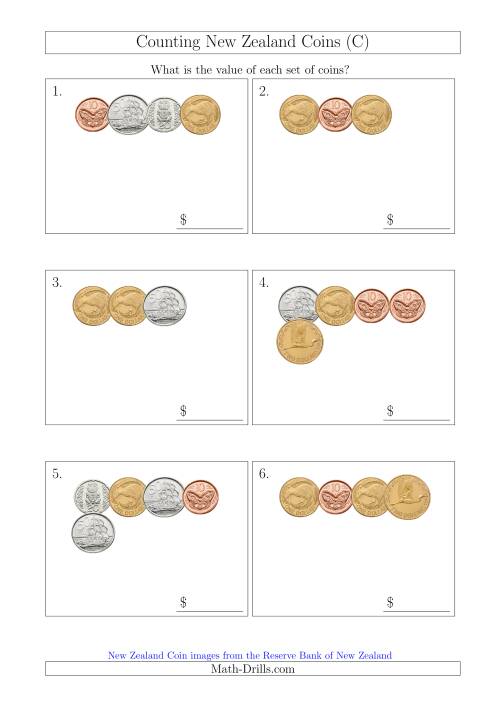 The Counting Small Collections of New Zealand Coins (C) Math Worksheet
