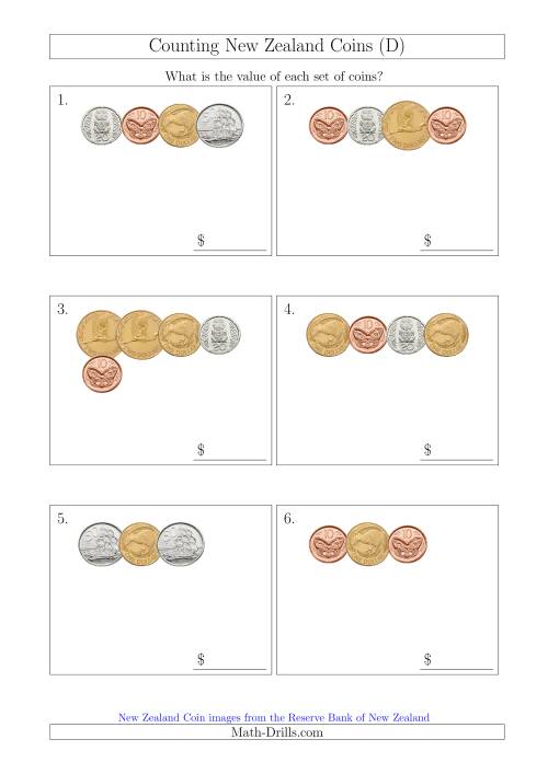 The Counting Small Collections of New Zealand Coins (D) Math Worksheet