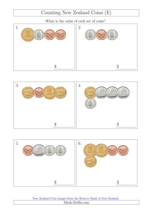The Counting Small Collections of New Zealand Coins (E) Math Worksheet