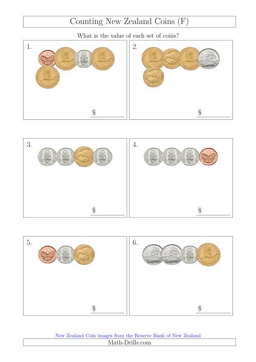 The Counting Small Collections of New Zealand Coins (F) Math Worksheet