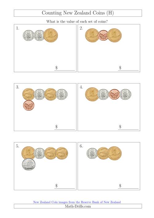 The Counting Small Collections of New Zealand Coins (H) Math Worksheet