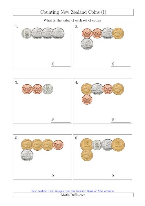 The Counting Small Collections of New Zealand Coins (I) Math Worksheet