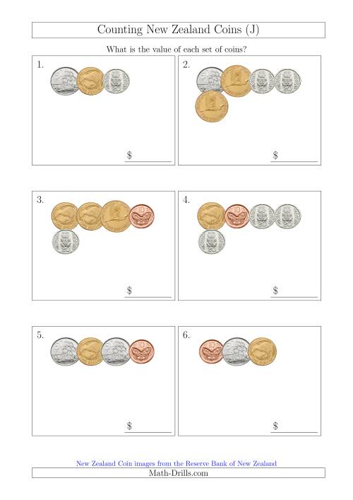 The Counting Small Collections of New Zealand Coins (J) Math Worksheet