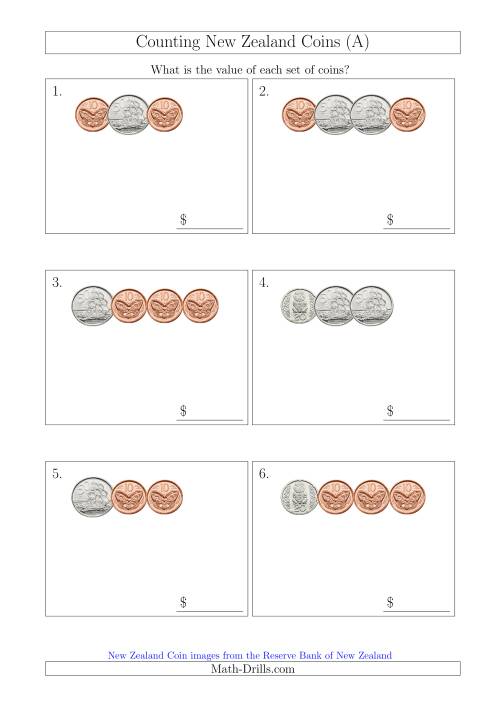 The Counting Small Collections of New Zealand Coins (No Dollars) (A) Math Worksheet