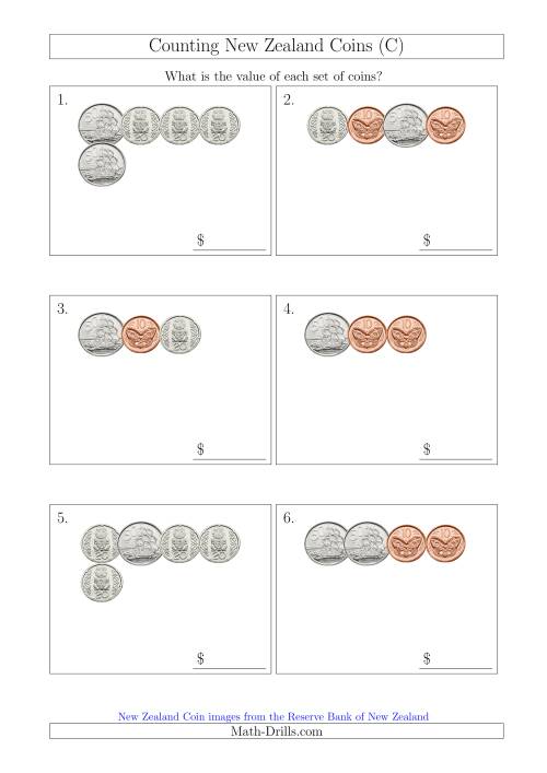 The Counting Small Collections of New Zealand Coins (No Dollars) (C) Math Worksheet