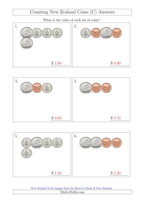 The Counting Small Collections of New Zealand Coins (No Dollars) (C) Math Worksheet Page 2