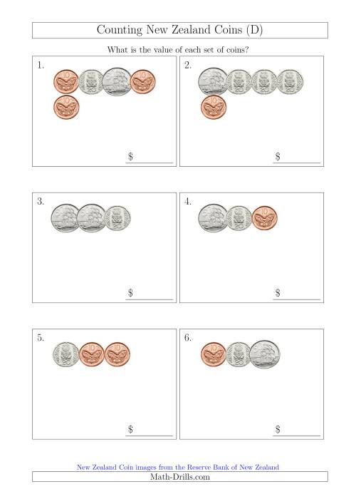 The Counting Small Collections of New Zealand Coins (No Dollars) (D) Math Worksheet