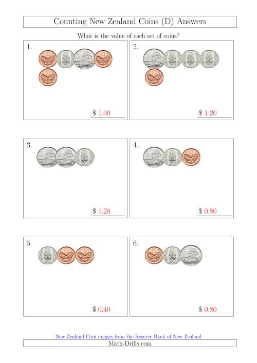 The Counting Small Collections of New Zealand Coins (No Dollars) (D) Math Worksheet Page 2