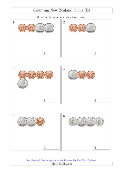 The Counting Small Collections of New Zealand Coins (No Dollars) (E) Math Worksheet