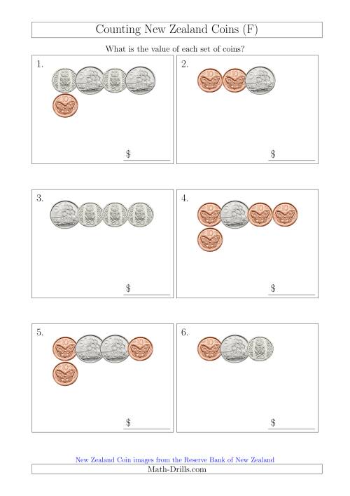 The Counting Small Collections of New Zealand Coins (No Dollars) (F) Math Worksheet