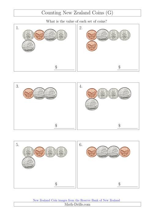 The Counting Small Collections of New Zealand Coins (No Dollars) (G) Math Worksheet