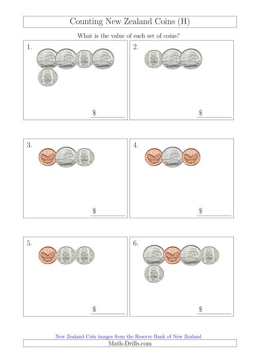 The Counting Small Collections of New Zealand Coins (No Dollars) (H) Math Worksheet