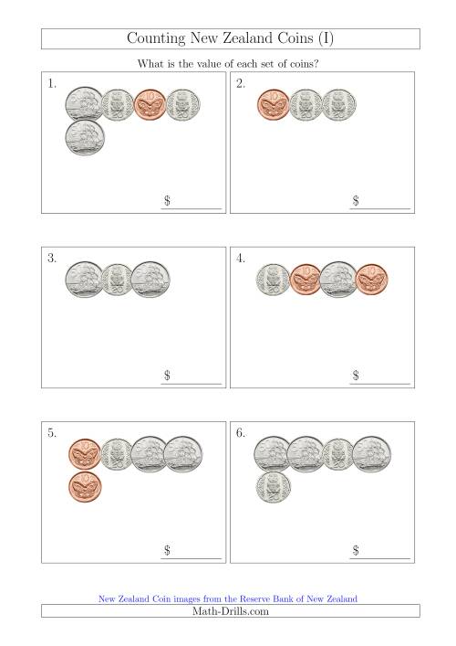 The Counting Small Collections of New Zealand Coins (No Dollars) (I) Math Worksheet