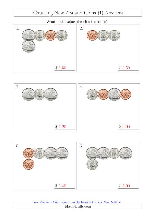 The Counting Small Collections of New Zealand Coins (No Dollars) (I) Math Worksheet Page 2