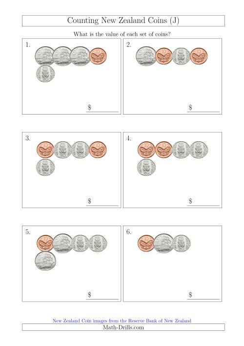 The Counting Small Collections of New Zealand Coins (No Dollars) (J) Math Worksheet
