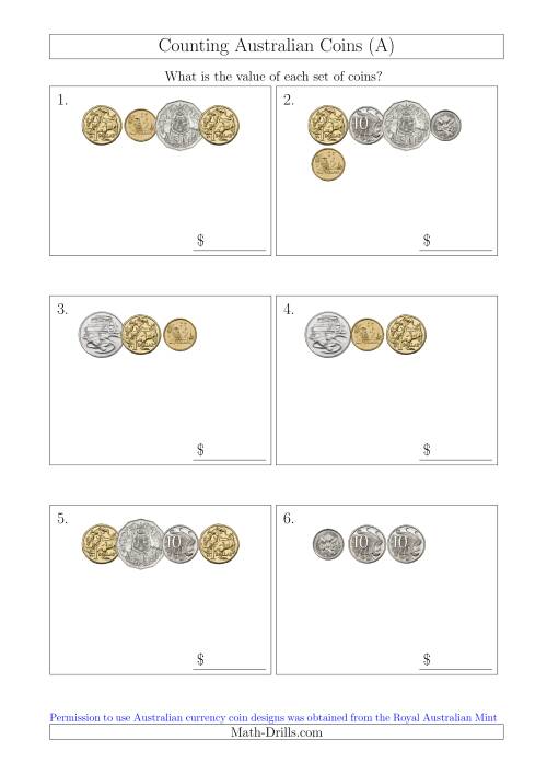 The Counting Small Collections of Australian Coins (A) Math Worksheet