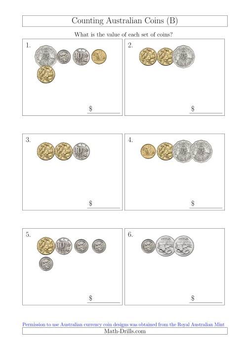 The Counting Small Collections of Australian Coins (B) Math Worksheet