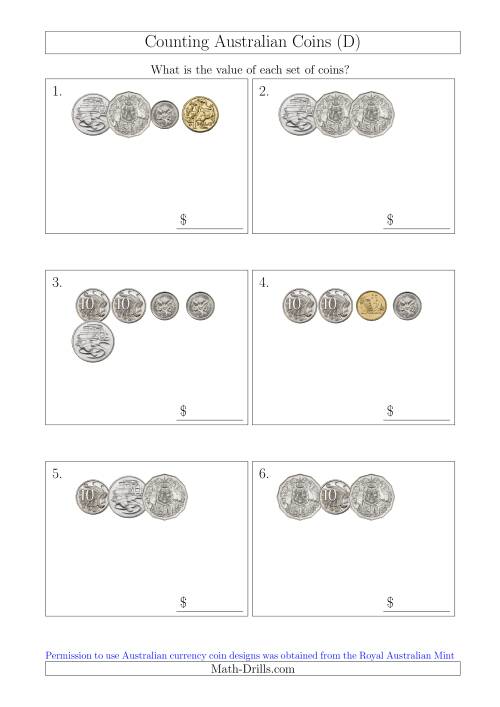 The Counting Small Collections of Australian Coins (D) Math Worksheet