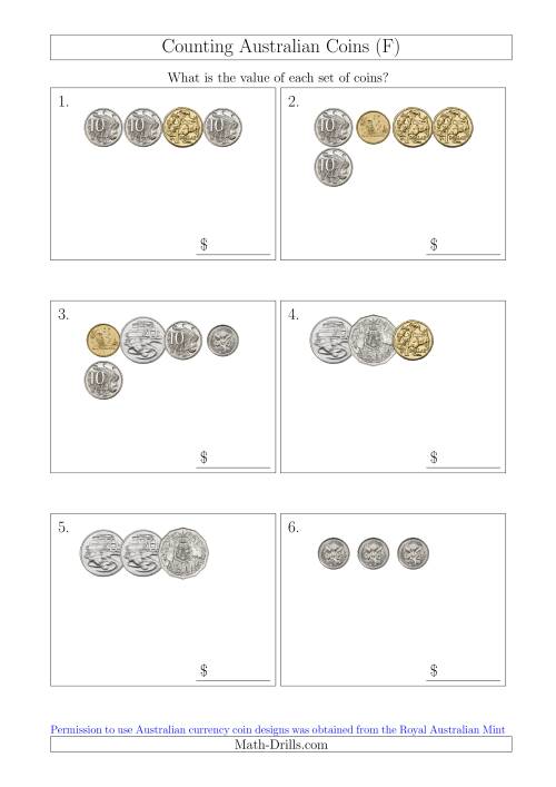 The Counting Small Collections of Australian Coins (F) Math Worksheet