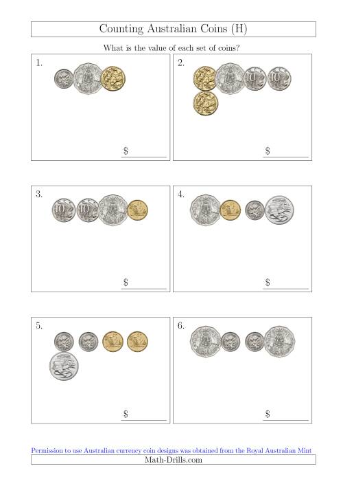 The Counting Small Collections of Australian Coins (H) Math Worksheet