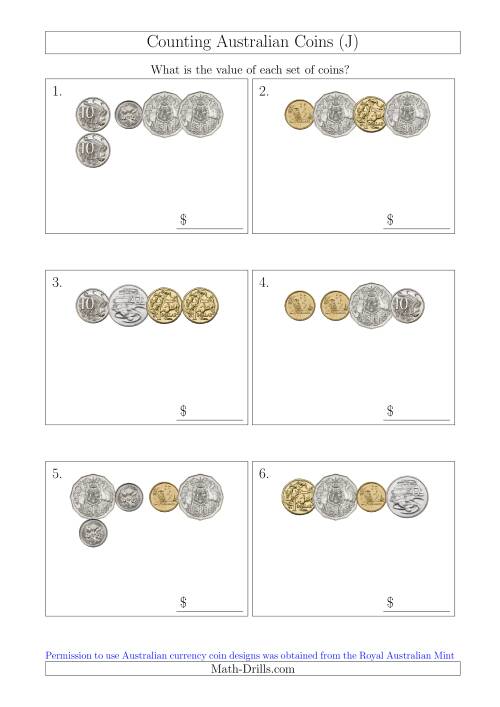 The Counting Small Collections of Australian Coins (J) Math Worksheet