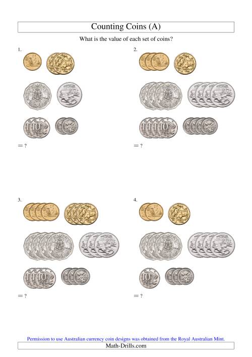 The Counting Small Collections of Australian Coins (Old) Math Worksheet