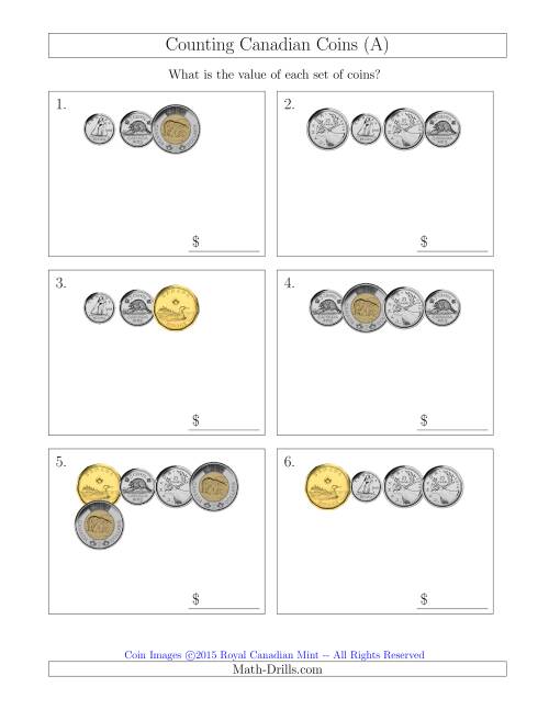The Counting Small Collections of Canadian Coins (A) Math Worksheet