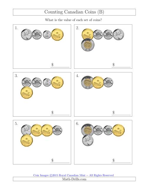 The Counting Small Collections of Canadian Coins (B) Math Worksheet