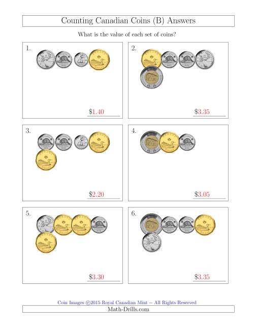 The Counting Small Collections of Canadian Coins (B) Math Worksheet Page 2