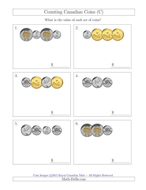 The Counting Small Collections of Canadian Coins (C) Math Worksheet