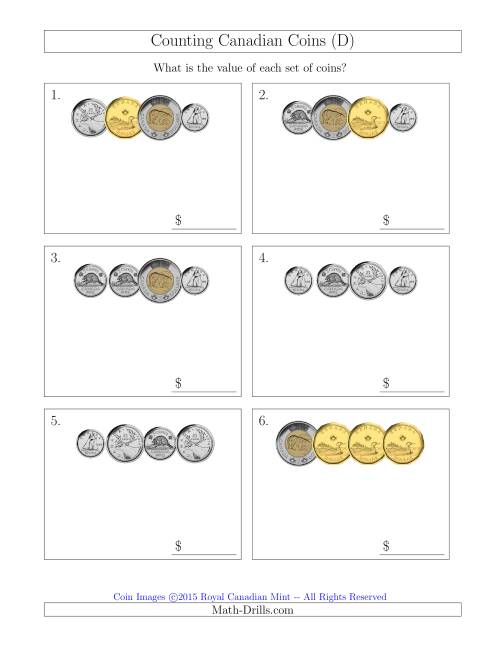 The Counting Small Collections of Canadian Coins (D) Math Worksheet