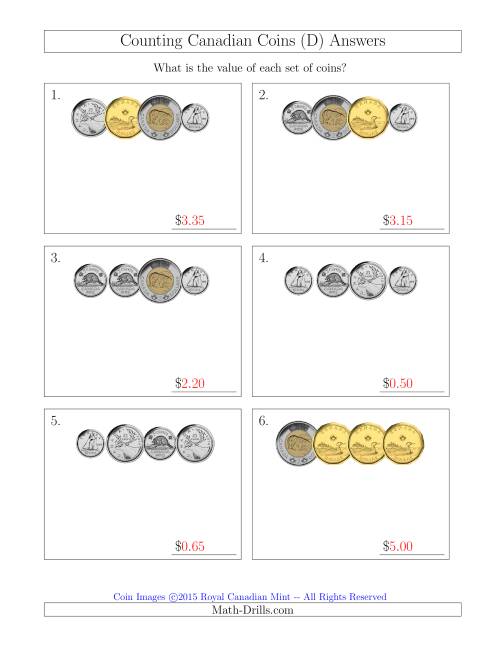 The Counting Small Collections of Canadian Coins (D) Math Worksheet Page 2