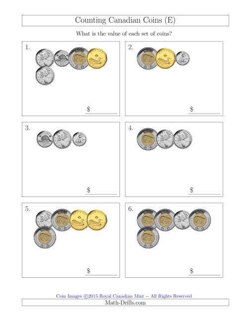 The Counting Small Collections of Canadian Coins (E) Math Worksheet